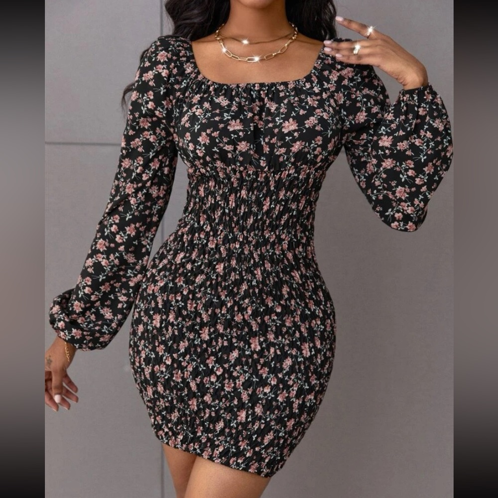 Shein Allover Floral Shirred Bodycon Dress